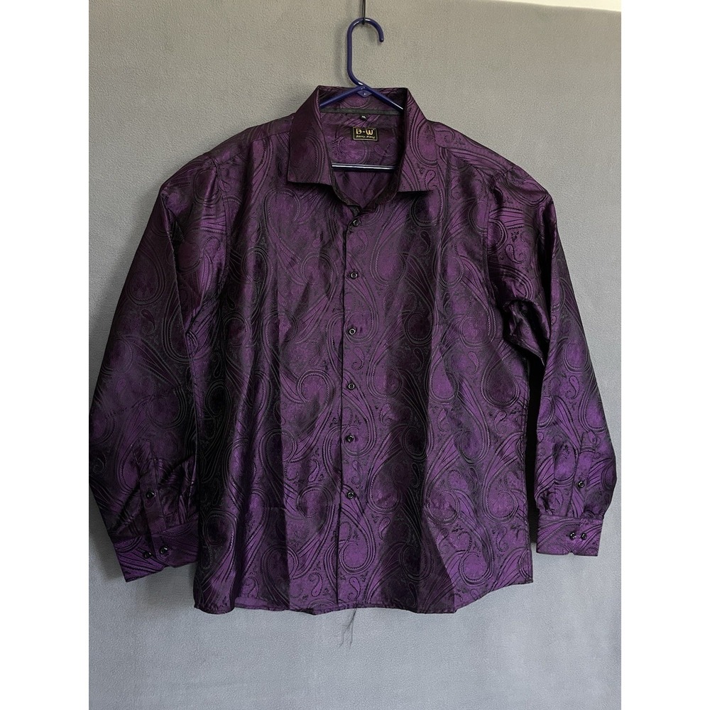 Barry Wang Purple Paisley‎ Long Sleeve Dress Shirt Silk Polyester Xl